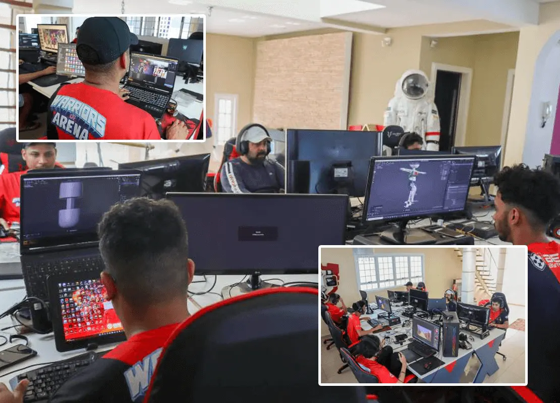 Equipe e alunos em atividade no Centro de Inovação