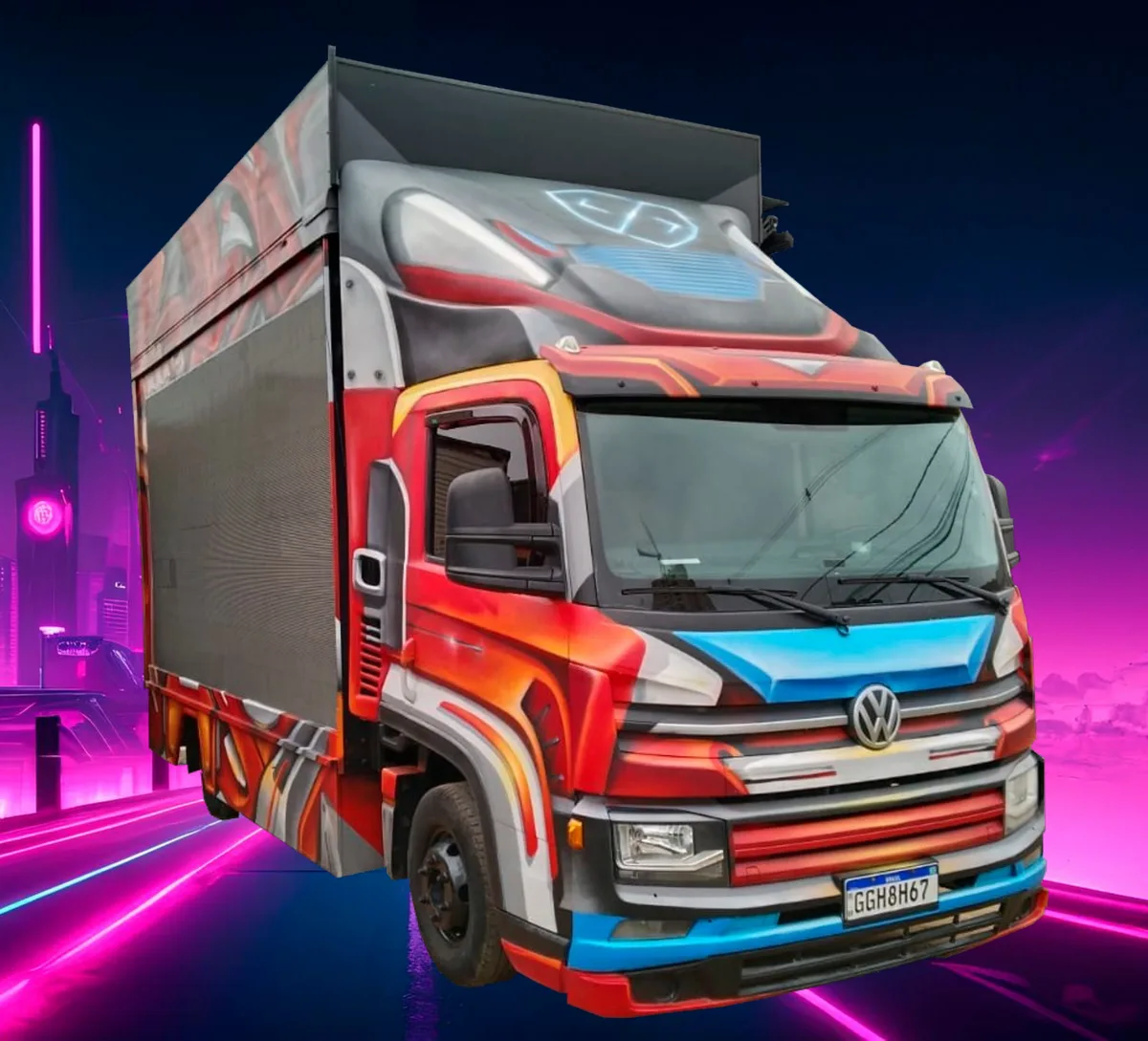 Caminhão CyberTruck da BeByte com pintura personalizada e painel de LED lateral