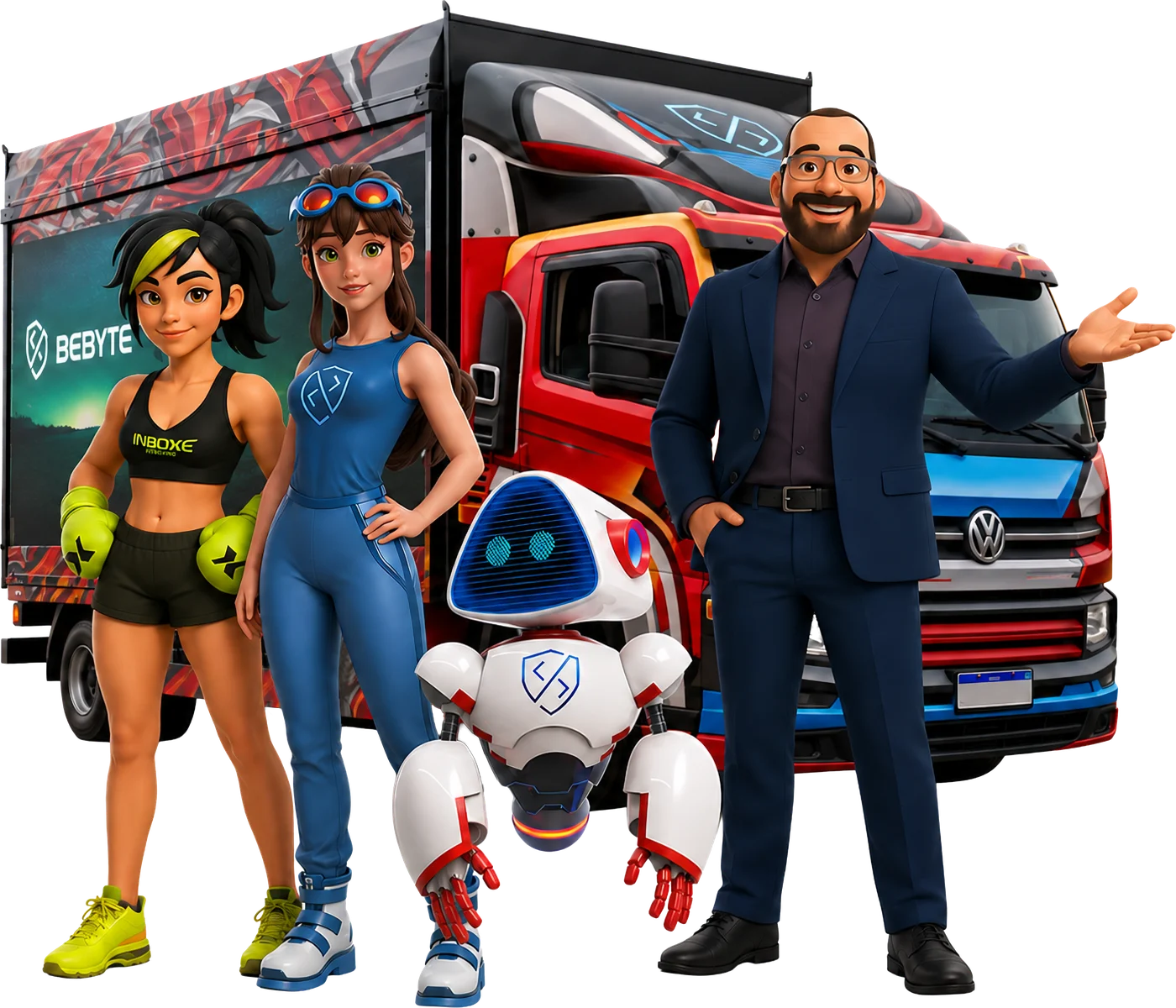Personagens do ecossistema BeByte: atleta InBoxe, K4T3, robô mascote e Alex Roger diante do CyberTruck