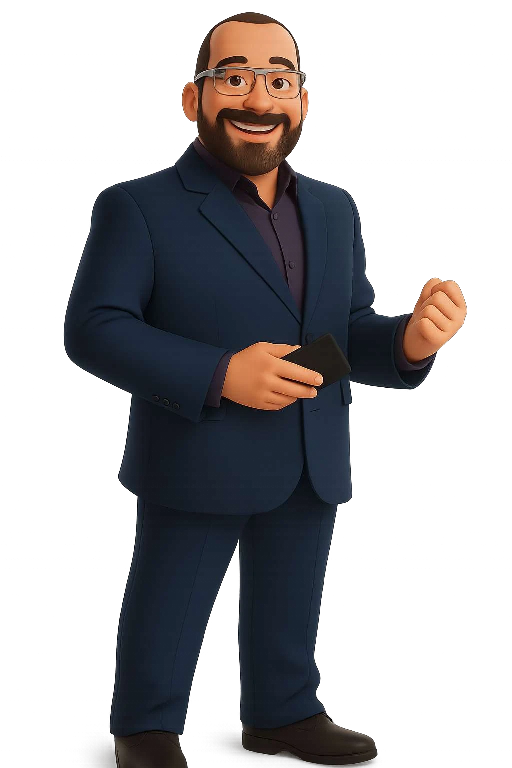 Avatar 3D de Alex Roger Wytt, de terno azul, sorrindo com o celular na mão