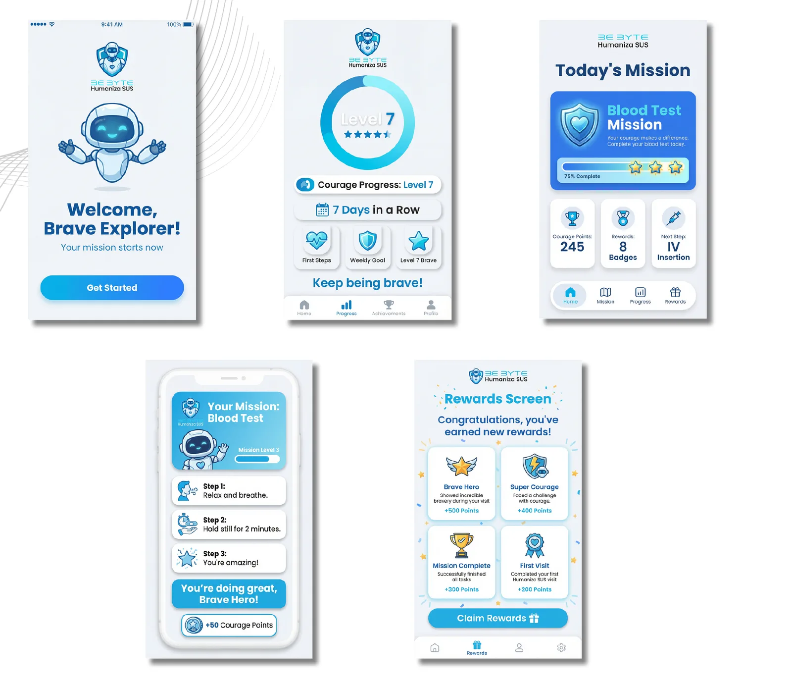 Telas do app BeByte Humaniza SUS: boas-vindas ao pequeno explorador, progresso de coragem nível 7, missão do dia de exame de sangue, passos da missão e tela de recompensas