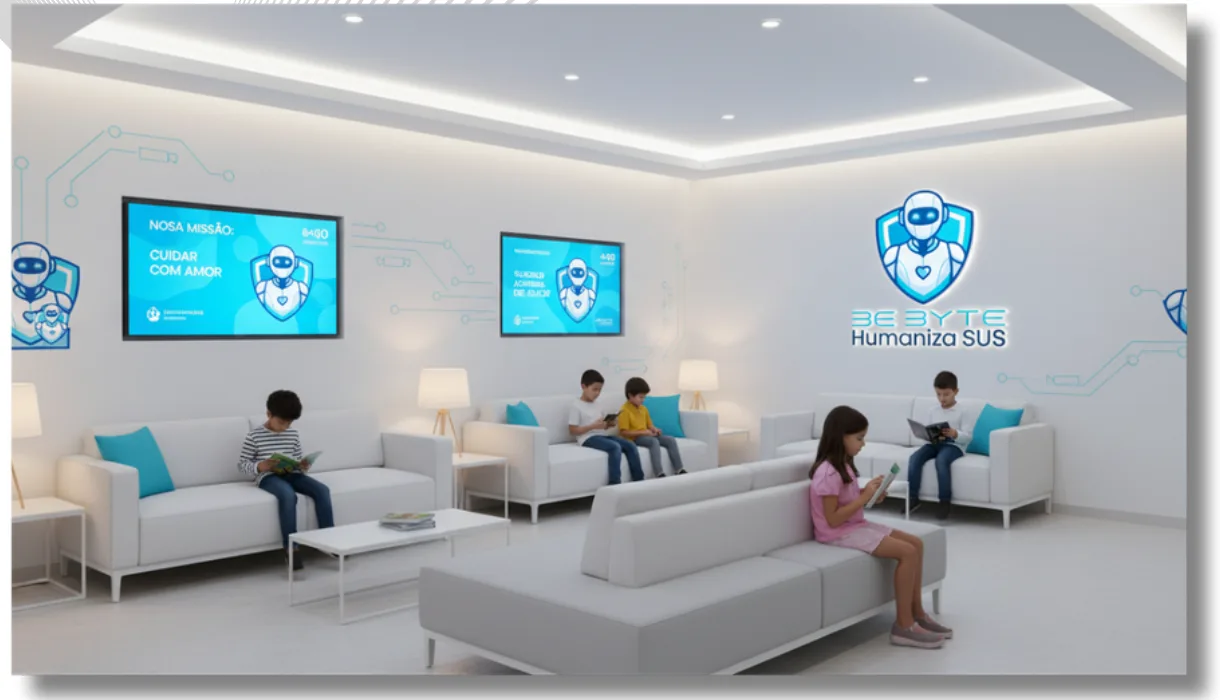 Sala de espera pediátrica com a marca BeByte Humaniza SUS, telas com o personagem robô e ambiente acolhedor