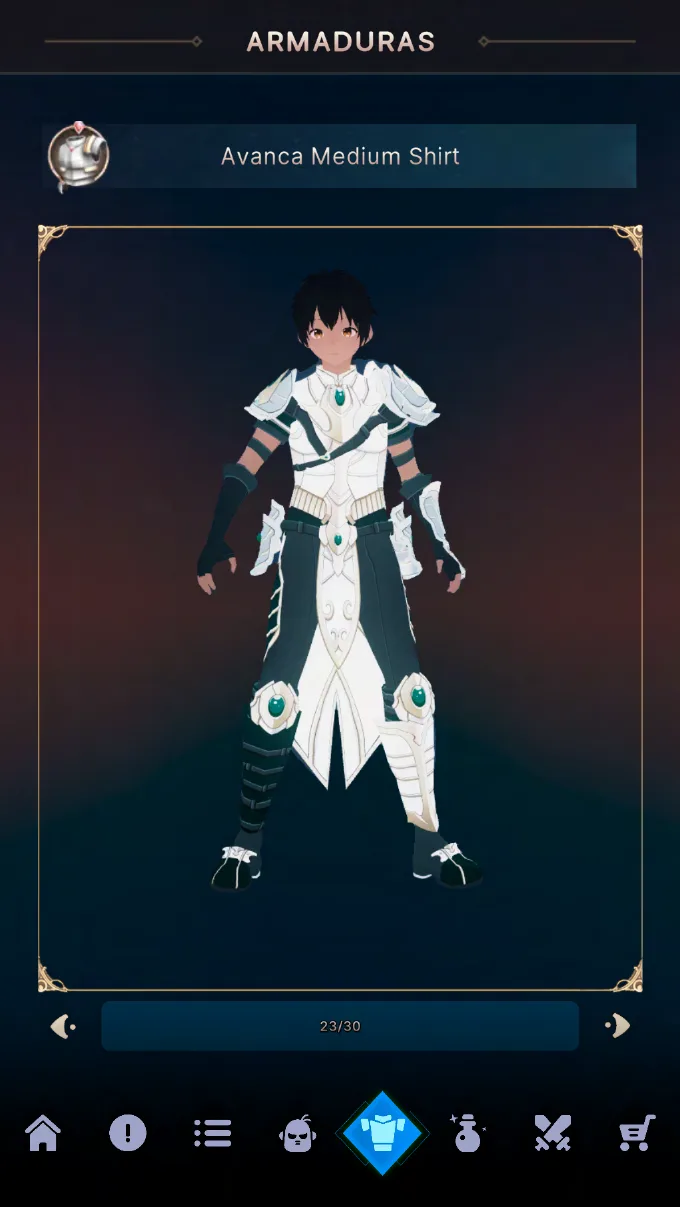 Tela de armaduras de Hero's Destiny com personagem equipando o conjunto Avanca