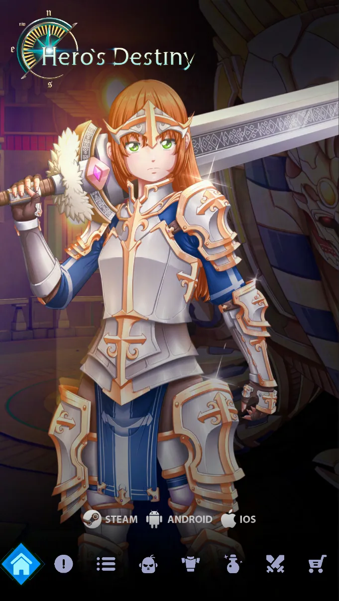 Paladina de Hero's Destiny com armadura branca e dourada e espada colossal