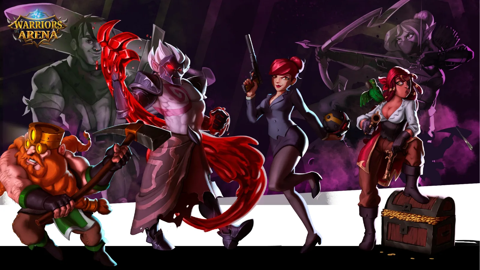 Personagens de Warriors of Arena: anão, cavaleiro sombrio, espiã e pirata