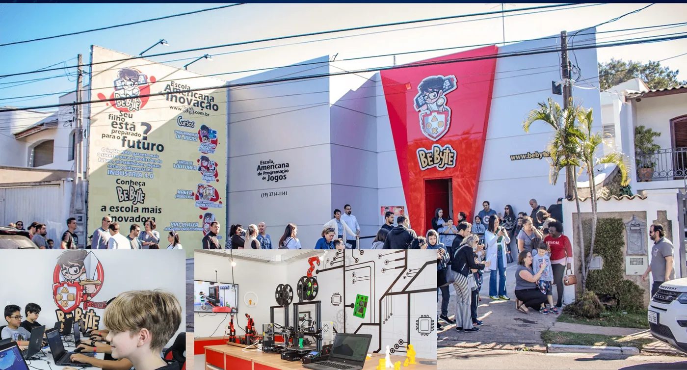 Inauguração de um Centro de Inovação BeByte com fila de famílias na porta