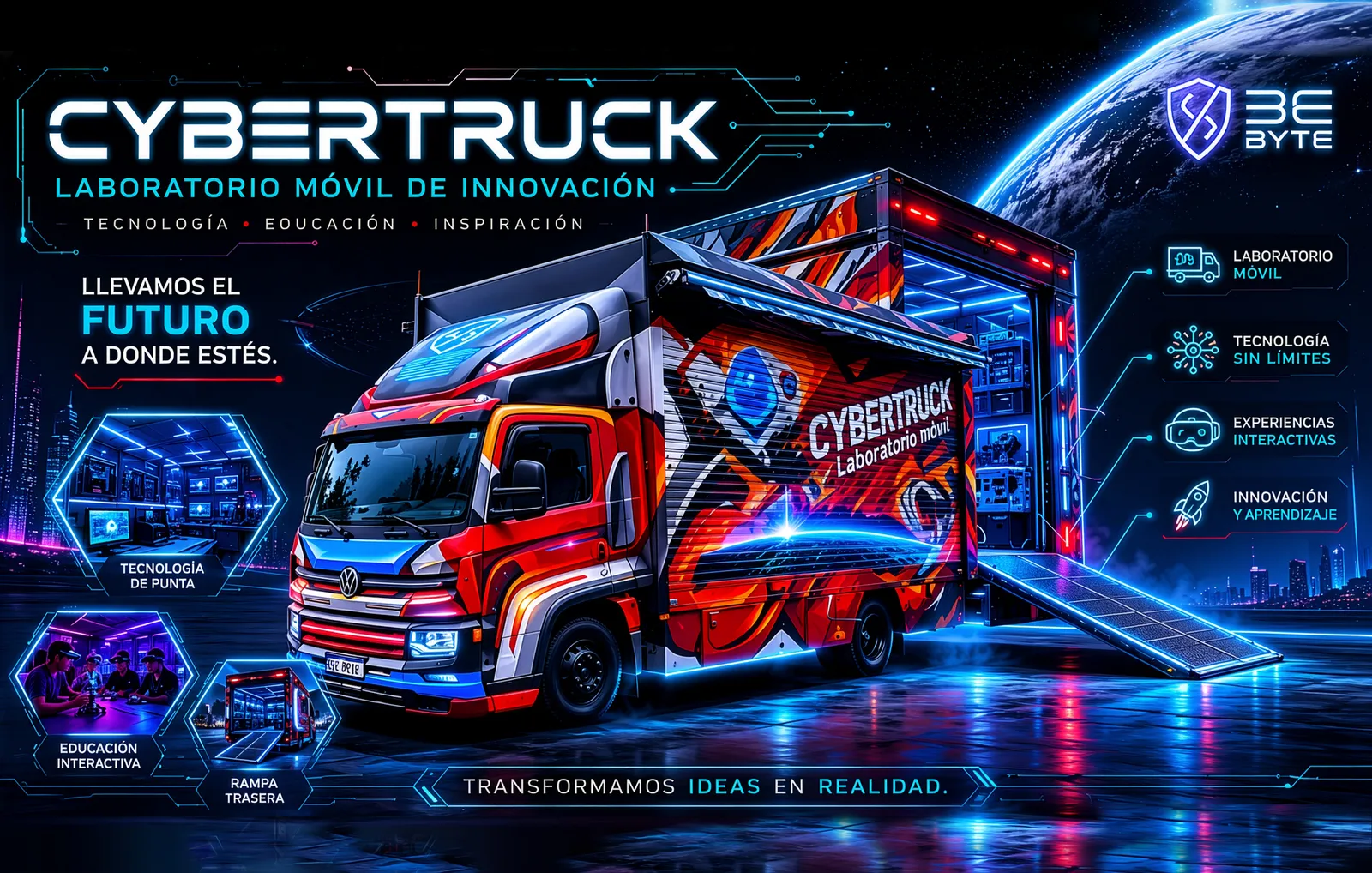 Painel do CyberTruck: laboratório móvel de inovação com rampa traseira e tecnologia de ponta