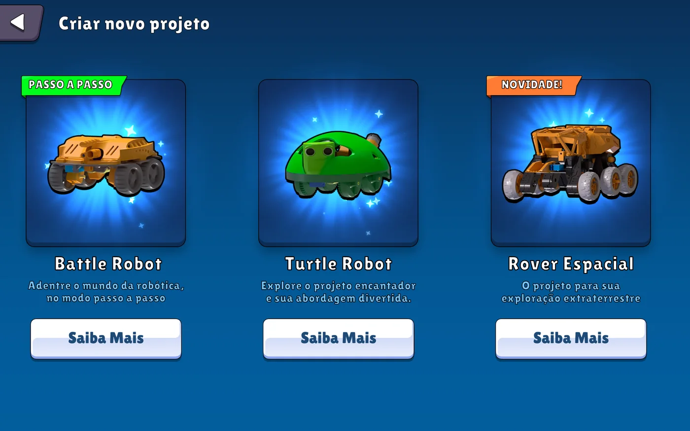 Criar novo projeto: Battle Robot, Turtle Robot e Rover Espacial