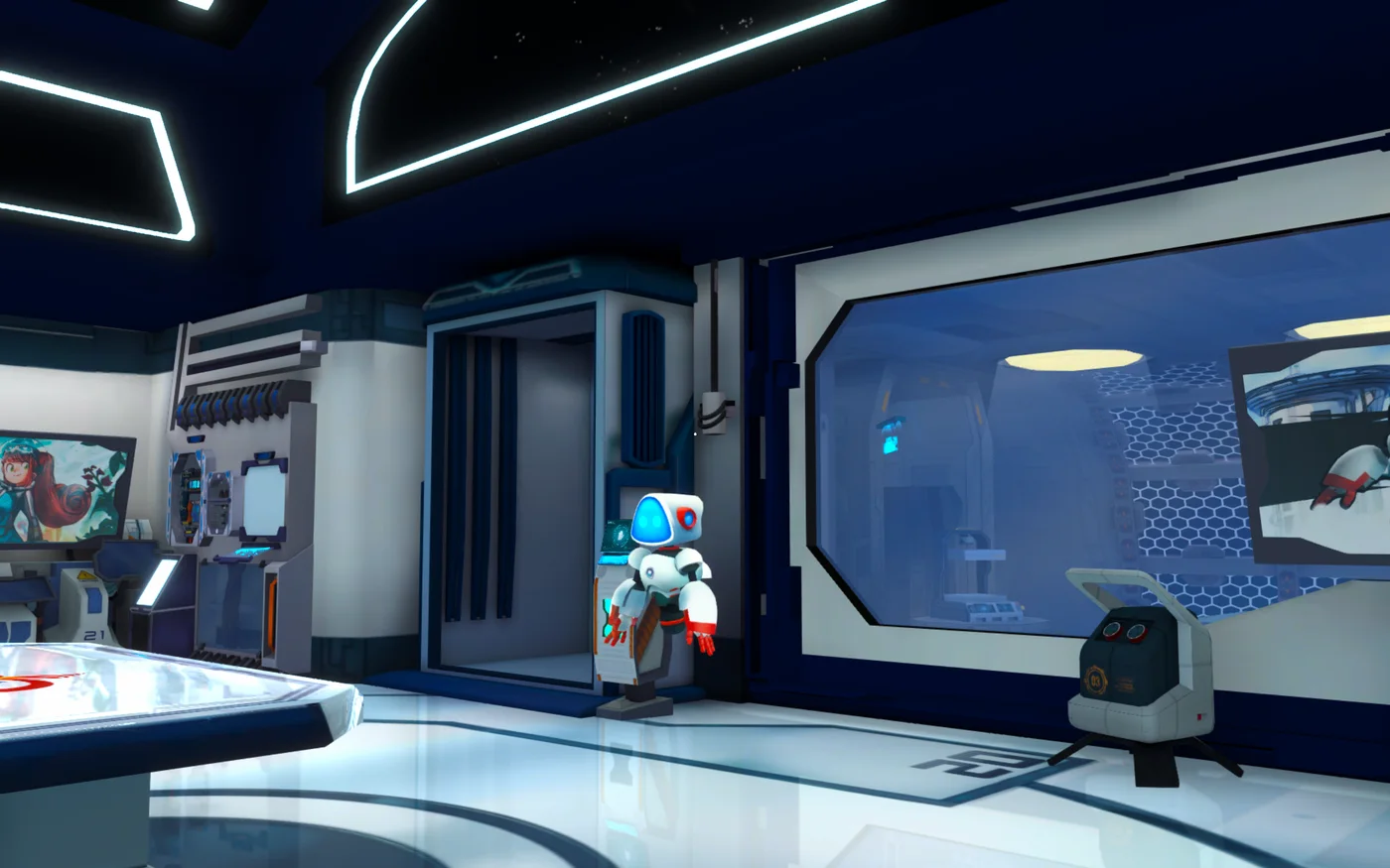 Estação espacial 3D com robô-guia e laboratórios